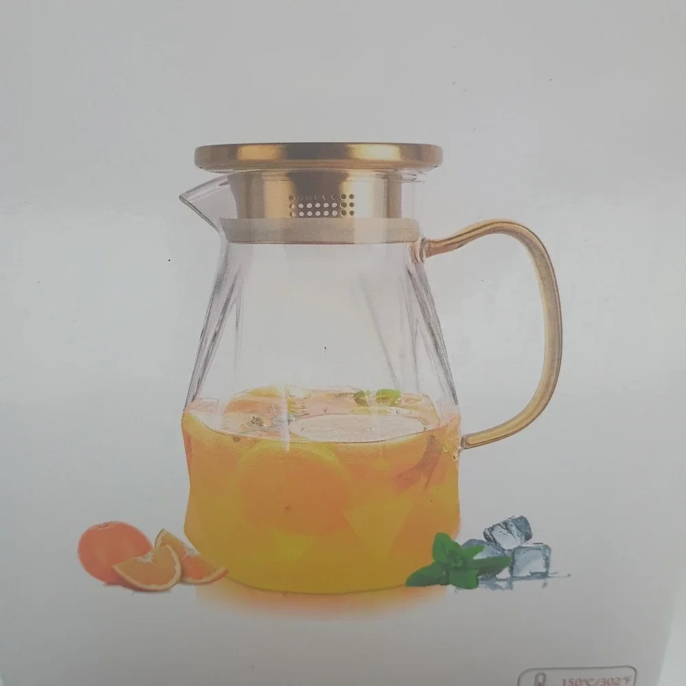 Yirilan Glass Pitcher Carafe W/Lid 2.2 Liter Water Iced Tea Hot or Cold NEW